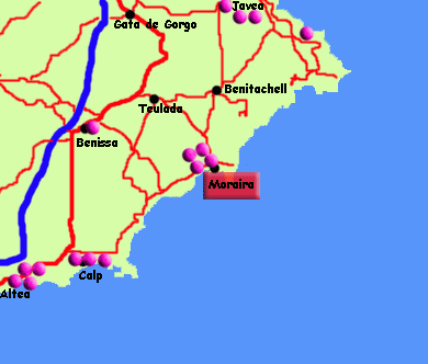 Hotels map around Moraira, Spain