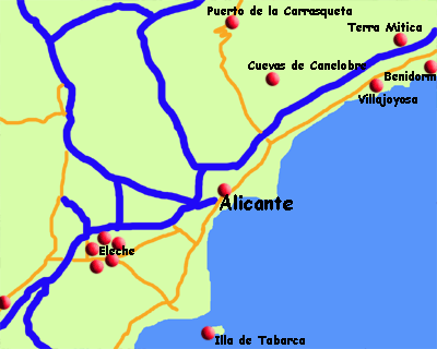 Map of Sights around Alicante, Costa Blanca, Spain