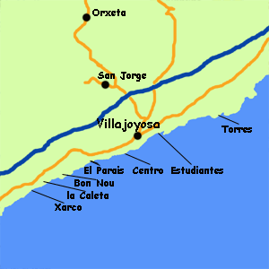 map of Villajoyosa, Costa Blanca, Spain - Beaches